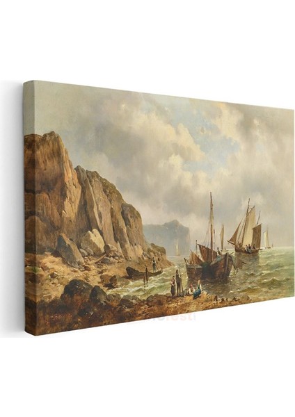 Andreas Achenbach - Kayalık Sahilde Tekneler Kanvas Tablo