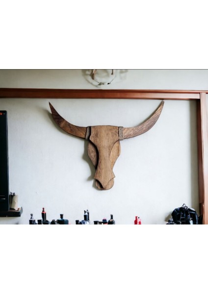 Salon Ofis Cafe Için Doğal Ahşap Çam Ağacı Boğa Kafası Dekoratif Aplik Avize Duvar Dekoru (Işıksız) indirimleri