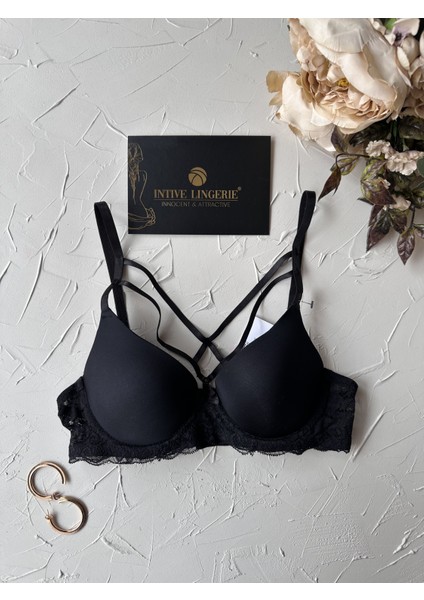 Lydia Önü Şeritli Dekoltesi Tasarım Yanları Dantelli Push-Up Çekici Siyah Sütyen fiyatları