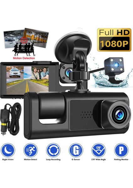 3 Kamera Araç Içi Kamera 1080 P 2 Inç Ekran Dashcam Siyah Sürücü Kaydedici Taksi Için Araba Dvr Arka Kamera Evrensel (Yurt Dışından)