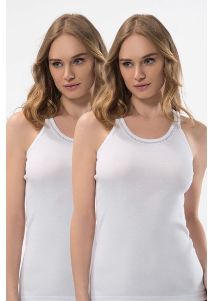 Kadın Şerit Detaylı Ince Askılı Kaşkorse 2’li Pamuklu Atlet 204/BEYAZ