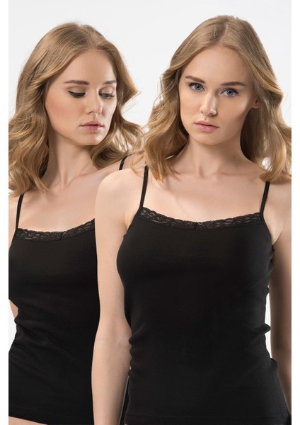 Kadın Dantelli V Yaka Ip Askılı Kaşkorse 2’li Pamuklu Atlet 291/SIYAH