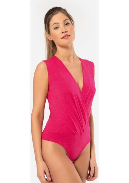 Kruvaze Yaka Kolsuz Çıtçıtlı Body 3502/FUŞYA