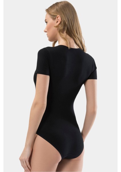 Kadın U Yaka Kısa Kollu Pamuklu Agraflı Body 299/SIYAH