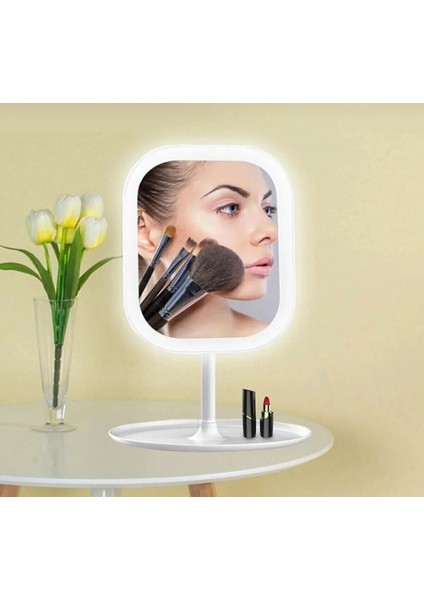 LED Işıklı Makyaj Aynası 3 Modlu USB Şarjlı Beyaz Dikdörtgen Taşınabilir Açı Ayarlı Makyaj Aynası modelleri