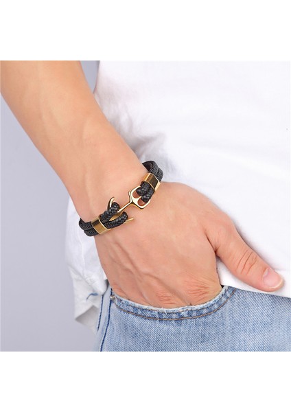 23CM Tarzı Yeşil Ejderha Erkek Titanyum Çelik Bilezik Siyah Deri Örgülü Çapa Charm Ip Zincir Gerçek Deri Bilezikler Hediye (Yurt Dışından) indirimleri