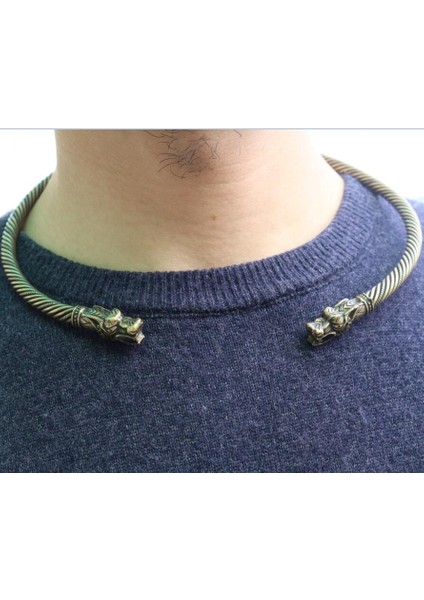 Saf Altın Rengi Viking Kurt Kafası Fenrir Torc Boyun Yüzüğü Ragnar El Yapımı Ağır Telli Pirinç Tel Pagan Norse Armband - Türkçe (Yurt Dışından)