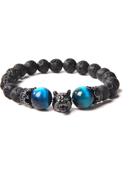 19CM Tarzı No.2 Boyutu Kurt Başlığı Bilezik Erkek Doğal Siyah Volkanik Kaplan Gözü Taş Boncuk Bileklik El Yapımı Esnek Taç Kolye Charm Halhal Kadınlar Için (Yurt Dışından)