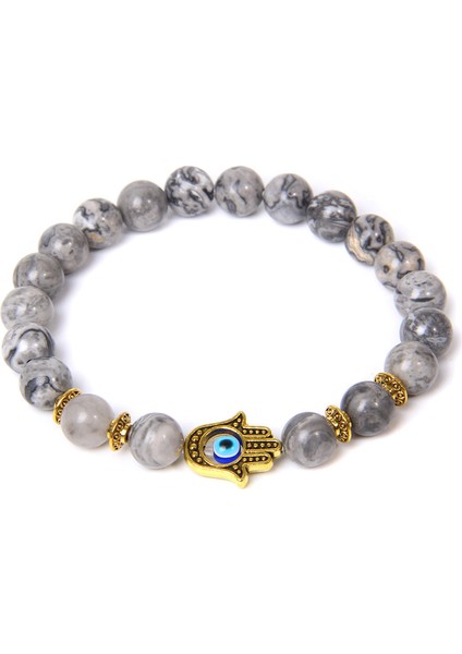 17CM Tarzı Harita Jasper Hamsa Şans Bileklik Erkekler Budizm Doigts De Fatima Mavi Nazar Boncuklu Bilezik Kadınlar Amulet Lav Taşı Bilezik El Yapımı Takı (Yurt Dışından)