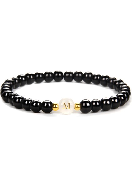 23CM Tarzı M Beden Çiftler Bileklik 6mm Doğal Taş Oniks Bilezikler Beyaz Kabuk Boncuk Harf Kolye Bileklik Kadınlar ve Erkekler Için Doğum Günü Takı Hediyesi (Yurt Dışından)