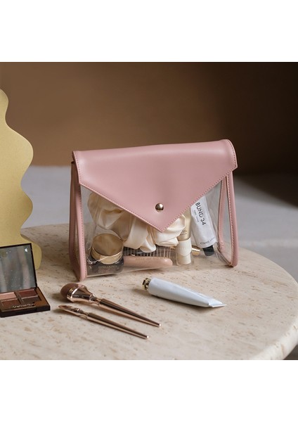 Çift Katlı Zarflı Kozmetik Çantası Pembe Renkli Büyük Kapasiteli (Yurt Dışından)