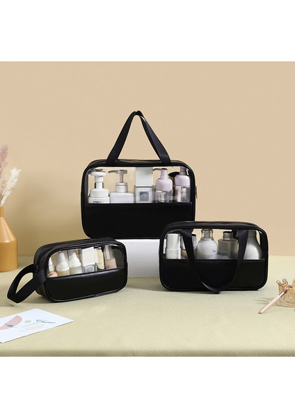 Pvc Şeffaf Büyük Kapasiteli Banyo Çantası 6105 Siyah Üçlü Set (Yurt Dışından)