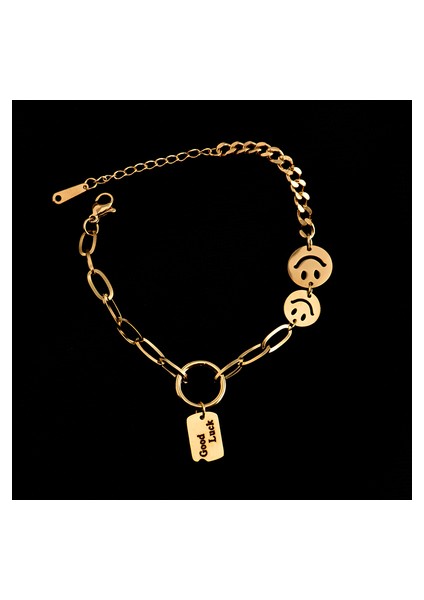 A Huanzhı Yeni Titanyum Çelik Altın Gümüş Renk Iyi Şans Gülümseme Yüz Zincir Ayarlanabilir Bilezik - Kadın Kızlar Için Takı Hediye (Yurt Dışından)