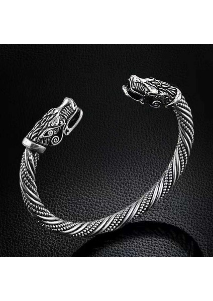 Siyah Antika Gümüş Renkli Ters Desen Oymalı Kafatası Açık Ağız Kolluk Bilezik Viking Bileziği - Türk Takı Ürünü (Yurt Dışından)