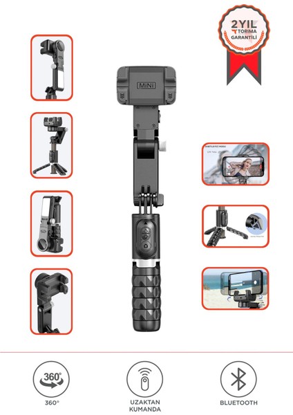 Q18 Siyah Gimball LED Işıklı Kumandalı Çok Amaçlı Tripod Selfie Çubuğu