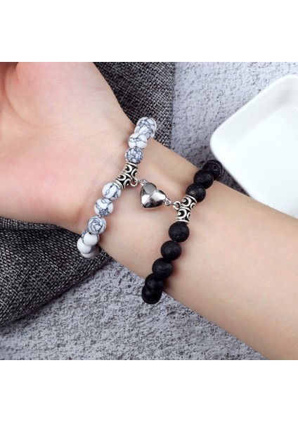 6mm Kalp Çift Mesafe Taşlı Bileklik Manyetik Volkanik Taş Yinyang Boncuklu Streç Bilezik Yoga Bilezik Sevgili Takı (Yurt Dışından) modelleri