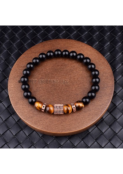 21CM Tarzı No.2 Boyutu Mat Siyah Oniks Taşı&tiger Gözü Kombinasyon Dikişli Kübik Zirkon El Takı Boncuk Bilezik Elastik Gerdirme Erkek Bilezik Hediye (Yurt Dışından)