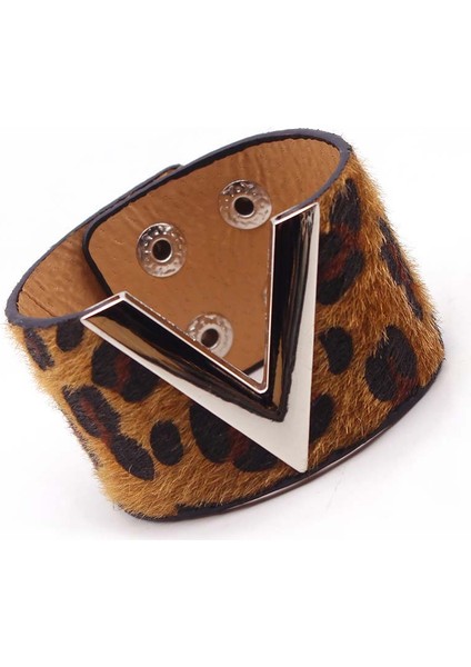 No.6 Boyutu Kadınlar Için Moda Deri Bilezik Leopar Basit Tüm Eşleşme V Kelime Geniş Şık Kolluk Wrap Bilezik Femme Bileklik Takı (Yurt Dışından)