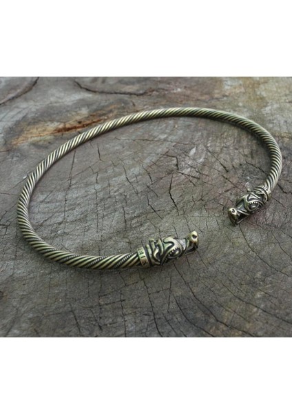 Saf Altın Rengi Viking Kurt Kafası Fenrir Torc Boyun Yüzüğü Ragnar El Yapımı Ağır Örülmüş Pirinç Tel Pagan Norse Armband (Yurt Dışından)