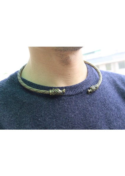 Saf Altın Rengi Viking Kurt Kafası Fenrir Torc Boyun Yüzüğü Ragnar El Yapımı Ağır Örülmüş Pirinç Tel Pagan Norse Armband (Yurt Dışından)