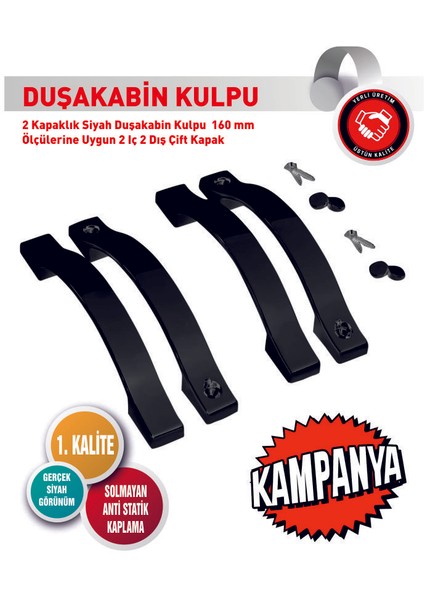 2 Kapaklık Krom Duşakabin Kulpu 160 mm Ölçülerine Uygun 2 Iç 2 Dış Çift Kapak Kulp Siyah