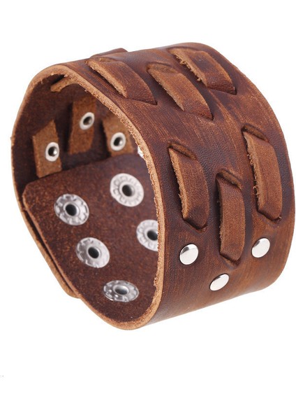 23CM Tarzı NO.82353 Beden Modyle Moda Geniş Gerçek Deri Bileklik Erkekler Için Kahverengi Geniş Kolluk Bilezikler ve Bileklik Bileziği Vintage Punk Erkek Takı Hediye (Yurt Dışından)