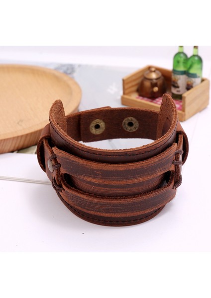 23CM Tarzı NO.80832 Beden Zorcvens Yeni Moda Erkek Geniş Gerçek Deri Bilezik Kahverengi Geniş Kolluk Bilezikler ve Bilezikler Vintage Punk Bileklik Erkek Takı (Yurt Dışından)