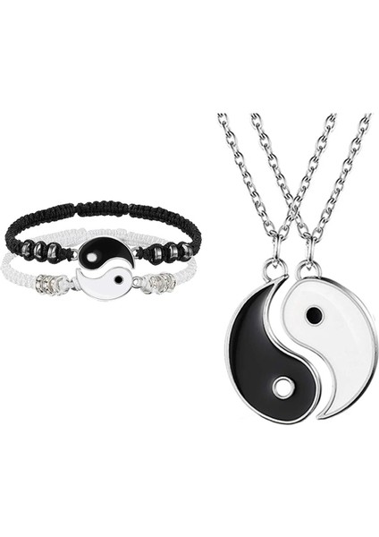 02'yi Ayarla El Yapımı Taş Yin Yang Çift Bileklik Alaşım Kolye Ayarlanabilir Örgü Zincir Eşleştirme Sevgili Bileklik Kolyeler Dostluk (Yurt Dışından)