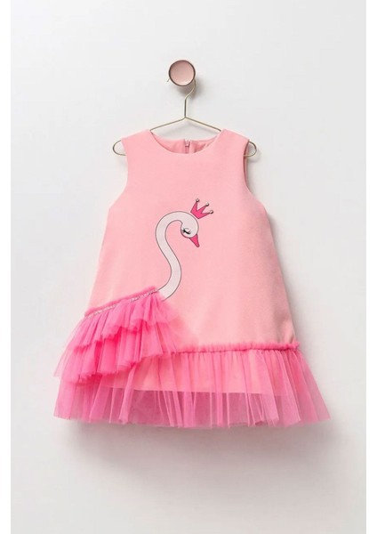 Kuğulu Tüllü Kız Çocuk Asterlı elbise - Pembe