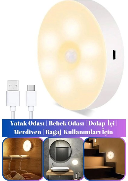 Hareket Sensörlü USB Şarjlı LED Işık Lamba-Oda, Mutfak, Salon ve Merdiven Işıklandırma 5 Adet