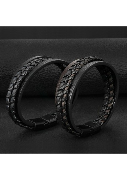 Siyah1 2021 Trendy Hakiki Deri Bileklik Erkek Paslanmaz Çelik Çok Katmanlı Örgülü Halat Bilezikler Unisex Bilezikler Mücevherler (Yurt Dışından)