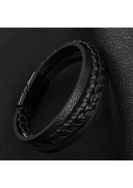 Siyah1 2021 Trendy Hakiki Deri Bileklik Erkek Paslanmaz Çelik Çok Katmanlı Örgülü Halat Bilezikler Unisex Bilezikler Mücevherler (Yurt Dışından)