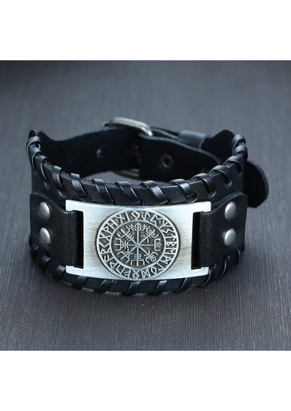 NO.83979 Beden Kotik Erkek Şık Viking Deri Wrap Bilezikler Kaya Punk Retro Pusula Kolye Erkek Bilek Takısı (Yurt Dışından) fırsatları
