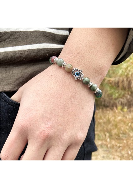 19CM Tarzı Lav Taşı Hamsa Şans Bileklik Erkekler Budizm Doigts De Fatima Mavi Nazar Boncuklu Bilezik Kadınlar Amulet Lav Taşı Bilezik El Yapımı Takı (Yurt Dışından)