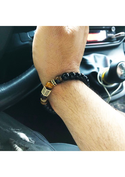 17CM Tarzı No.8 Boyutu Mat Siyah Oniks Taşı&tiger Gözü Kombinasyon Dikişli Kübik Zirkon El Takı Boncuk Bilezik Elastik Gerdirme Erkek Bilezik Hediye (Yurt Dışından)