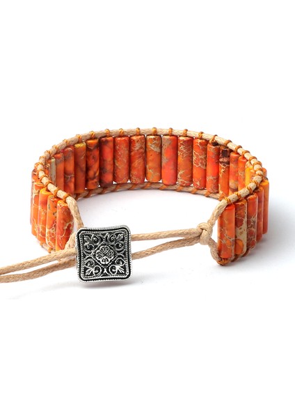 Turuncu Imparator Taşı Bohem Silindir Imparator Taş Bilezik Vintage Inek Derisi Halat Örme Bilezik Doğal Şifa Çok Renkli Metal Düğme Bilezikler Yeni (Yurt Dışından)