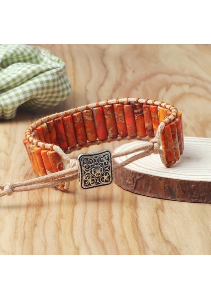 Turuncu Imparator Taşı Bohem Silindir Imparator Taş Bilezik Vintage Inek Derisi Halat Örme Bilezik Doğal Şifa Çok Renkli Metal Düğme Bilezikler Yeni (Yurt Dışından) fırsatları