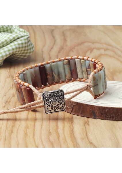 Turuncu Imparator Taşı Bohem Silindir Imparator Taş Bilezik Vintage Inek Derisi Halat Örme Bilezik Doğal Şifa Çok Renkli Metal Düğme Bilezikler Yeni (Yurt Dışından) indirimleri