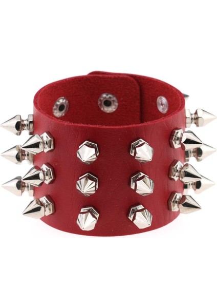 Kırmızı Punk Rock Dikenli Bilezik Nitarlı Geniş Deri Kol Bandı Bilezik Gotik Bileklik Moda Unisex Takı (Yurt Dışından)