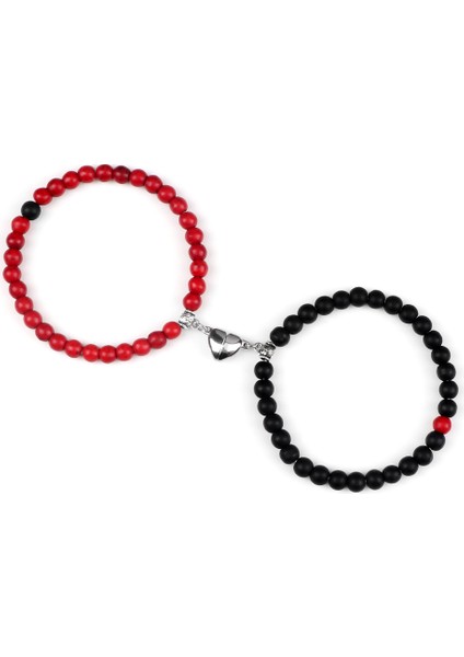 Mat-Kırmızı Çift Mesafe Kalp Mıknatıs Kolye Bileklikler Sevgili Için Doğal Taş Boncuklu Esnek Bilezik Takı Arkadaş Hediye (Yurt Dışından)