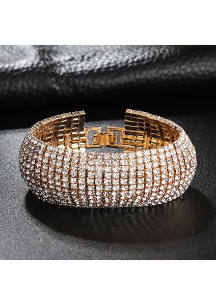 F 11 Sıra Altın Moda Sıraları Tam Kristal Taşlı Elastik Bilezik Altın Bilezik Parlak Bileklik Kadın Düğün Gelin Takıları (Yurt Dışından)