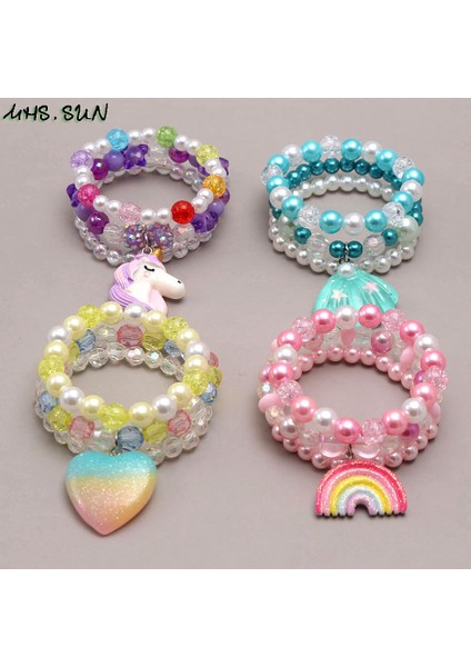 Pas Kırmızısı Kızlar Bebek Elastik Boncuklu Takı Bileklik Renkli Sevimli Kalp Kabuk Unicorn Gökkuşağı Kolye Boncuk Bilezik (Yurt Dışından) fiyatları