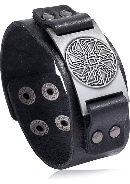 NO.84012 Boyutu Zorcvens Punk Vintage Pusula Bilezikleri Nordic Runlar Odin Sembolü Sarı Gerçek Deri Viking Bilezik Erkekler Için (Yurt Dışından)