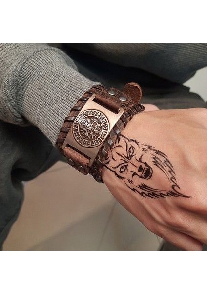 NO.84012 Boyutu Zorcvens Punk Vintage Pusula Bilezikleri Nordic Runlar Odin Sembolü Sarı Gerçek Deri Viking Bilezik Erkekler Için (Yurt Dışından) fiyatları