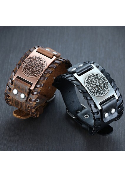 NO.84012 Boyutu Zorcvens Punk Vintage Pusula Bilezikleri Nordic Runlar Odin Sembolü Sarı Gerçek Deri Viking Bilezik Erkekler Için (Yurt Dışından) modelleri