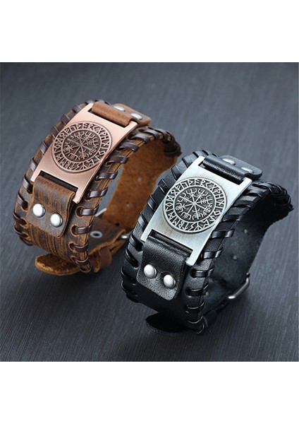 NO.84012 Boyutu Zorcvens Punk Vintage Pusula Bilezikleri Nordic Runlar Odin Sembolü Sarı Gerçek Deri Viking Bilezik Erkekler Için (Yurt Dışından) fırsatları