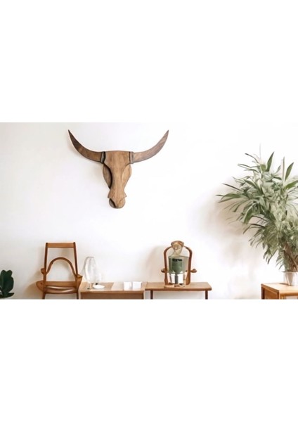 Bullcow Pilli Sarıçam Ahşap Boğa Kafası Dekoratif Aplik Avize Duvar Dekoru (Peri LED Li)