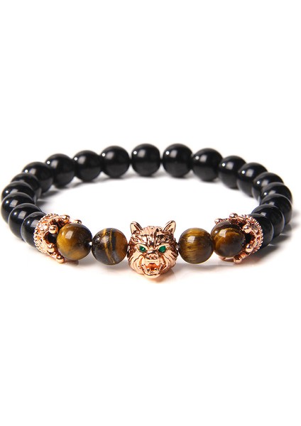 19CM Tarzı No.12 Boyutu Kurt Başlığı Bilezik Erkek Doğal Siyah Volkanik Kaplan Gözü Taş Boncuk Bileklik El Yapımı Esnek Taç Kolye Charm Halhal Kadınlar Için (Yurt Dışından)