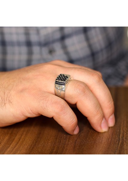 925 Ayar Gümüş Fihi ma Fih Fetih Yüzük, Beyaz - Siyah Taş