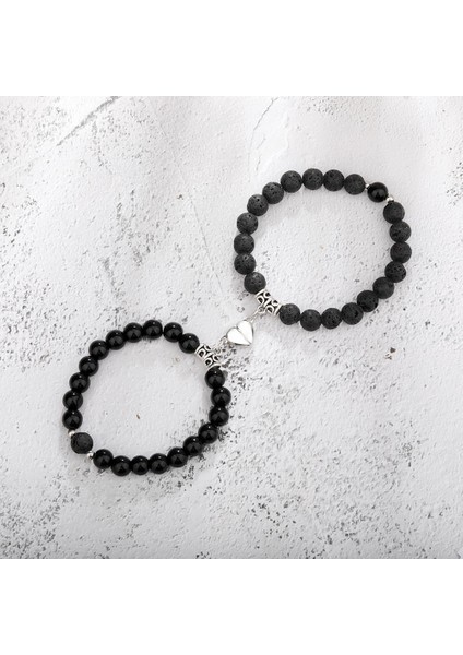 Siyah Bir Çift Bileklik Doğal Taş Boncuk Kalp Şekilli Mesafe Manyetik Çekim Bileklik Sevgililer Takı Hediye Dropship (Yurt Dışından)